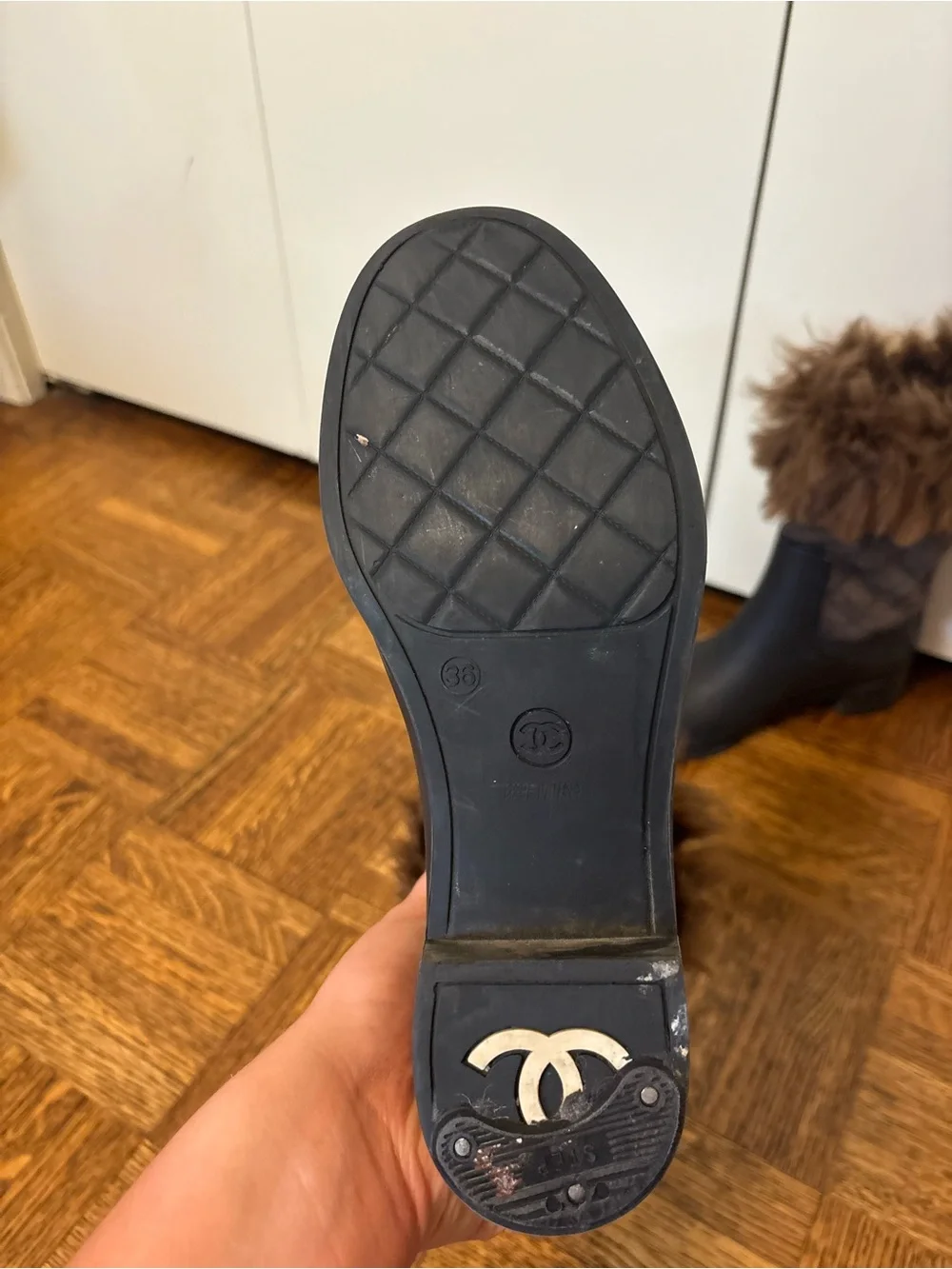 CHANEL Black Rubber and Brown Faux Fur Winter Rain Boots
